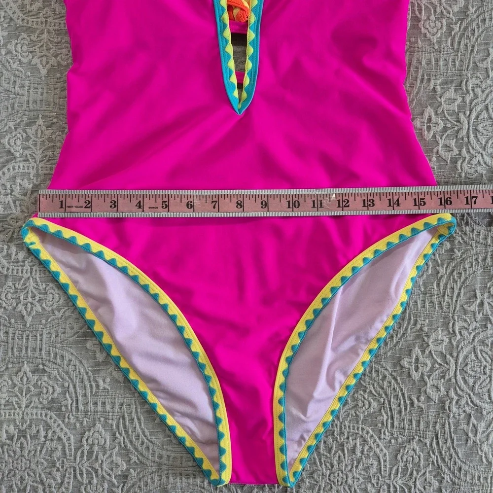Popvil Womens Pink One‎ Piece Swimsuit Ric Rac Trim Plunging V-Neck Tie Back
